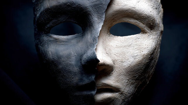 Two faced mask with contrasting black and white sides symbolizes duality of human nature and social engineering deception. mask texture adds depth to its mysterious expression