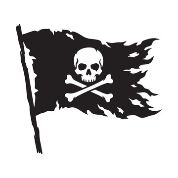 Vintage pirate flag with skull and crossbones, tattered black jolly roger vector illustration, distressed buccaneer banner for nautical decor and apparel