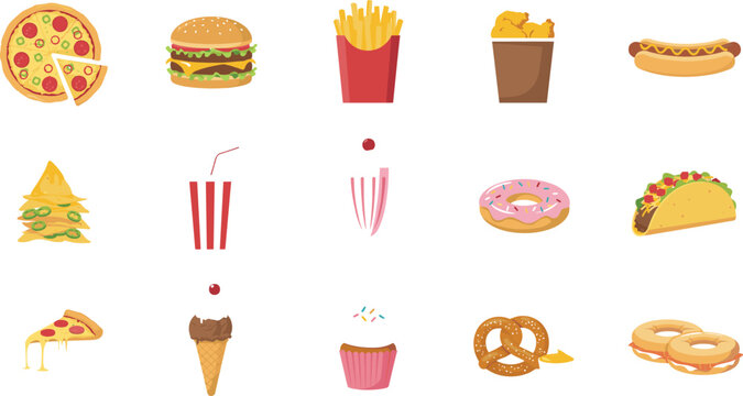 Fast Food and Junk Food Vector Icon Set Featuring Pizza Burger French Fries Hot Dog Nachos Taco and Sweet Desserts on White Background