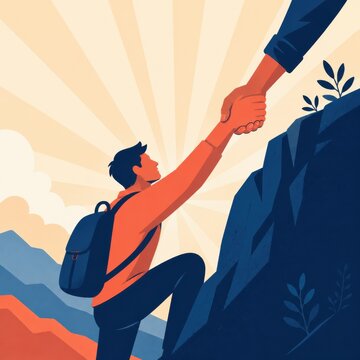 Helping hand lifting person up flat vector support concept