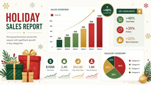 Holiday sales report flat vector with charts and gift icons