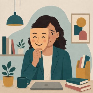 Imposter syndrome concept flat vector person holding confident mask