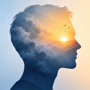Head silhouette with fog clearing to reveal a bright sun mental clarity