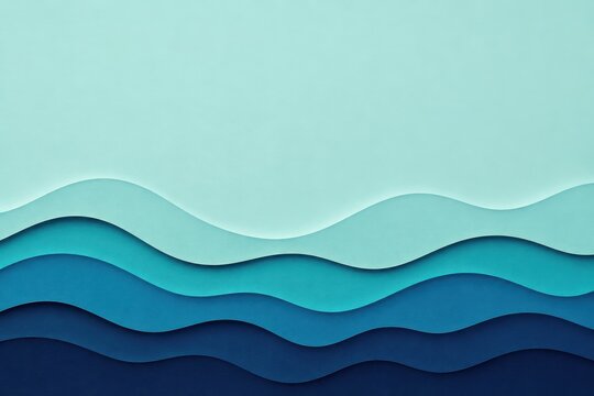 Layered paper cut ocean waves background in teal and navy with copy space