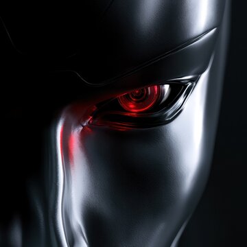 Close up of a metallic robot eye with red glow