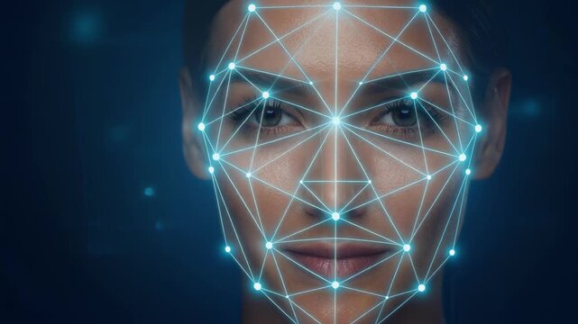 Facial recognition technology scanning a woman's face with digital biometric overlay in cybersecurity concept
