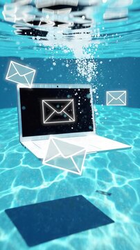 A white laptop with a glowing envelope icon on the screen in a clear pool, the laptop underwater. Animated icons for incoming messages and mail