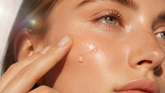 Woman applying gold fleck serum to glowing cheekbone