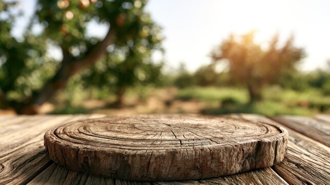 Wooden tree stump podium on a rustic table outdoors