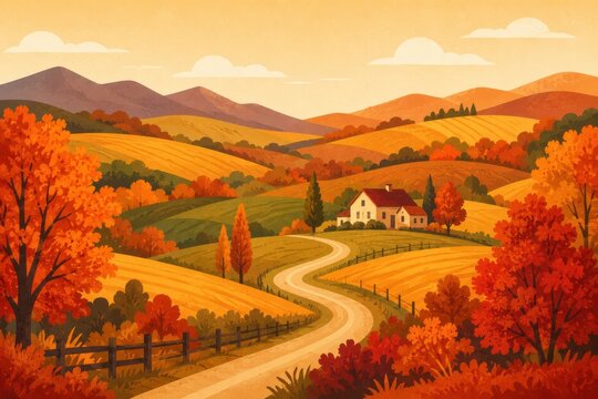 Rolling autumn hills landscape flat vector with colorful trees