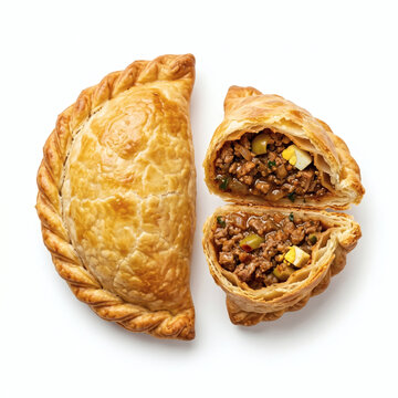 Argentine Beef Empanada Whole and Halved Showing Savory Filling, Isolated on White