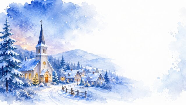 Snowy winter village with church watercolor illustration