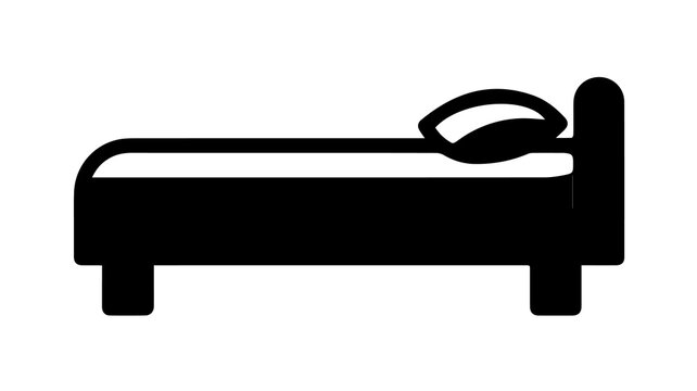 Simple black and white icon of a modern bed with pillows, representing sleep, rest, and comfortable home interior design