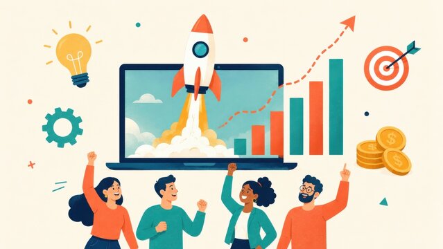 Startup launch business growth concept with rocket and rising chart vector