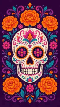 Sugar skull with marigold flowers flat vector illustration