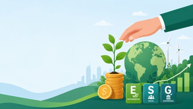 Sustainable ESG investment flat vector concept with green coins and earth