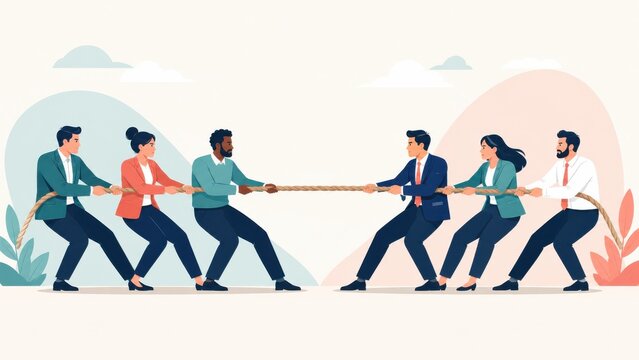 Business teams pulling rope tug of war negotiation flat vector