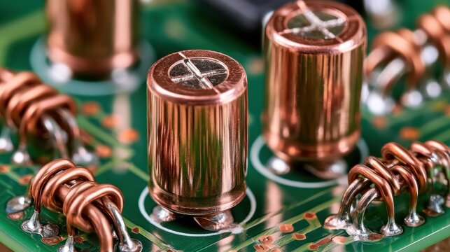 Close up of electronic circuit board components with copper coils