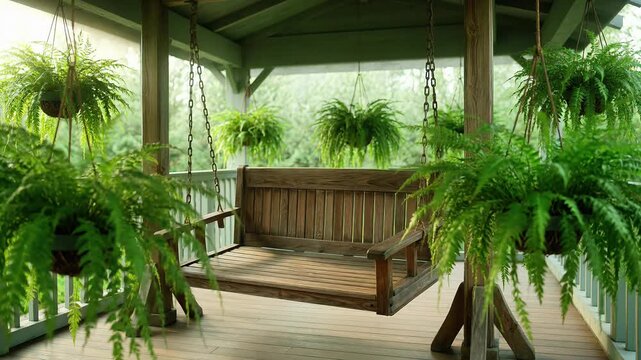 Rustic wooden porch swing. Hanging garden bench on a cozy outdoor patio.