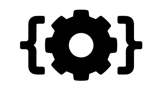 Abstract black gear icon enclosed in curly braces, representing engineering, automation, and mechanical processes with a modern design