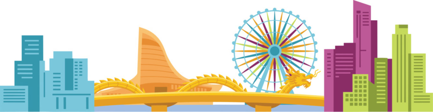 Da Nang Vietnam City Skyline Vector Illustration Featuring Dragon Bridge Ferris Wheel Modern Skyscrapers and Urban Landmarks Isolated on White Background