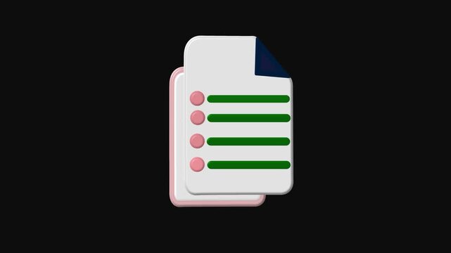 3 d animated checklist document with green checkmarks appearing on black background, for business task, management and productivity UI 4k video.