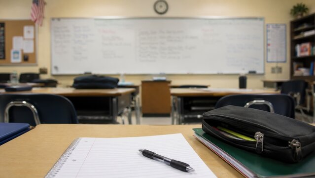 Blurred classroom whiteboard from student desk simulating myopia