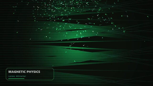 Green glowing particles forming a Lorenz attractor structure with magnetic physics data overlay for scientific research