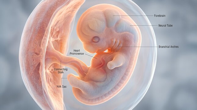 This detailed 3D medical illustration showcases a human embryo at 3-4 weeks of development. Key forming structures like the neural tube, heart prominence, branchial arches, and yolk sac are visible.