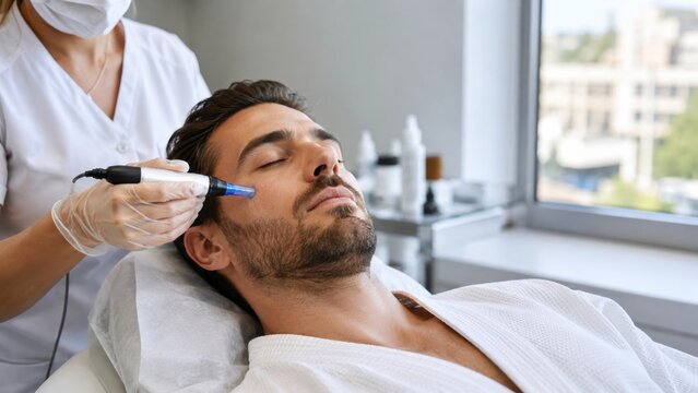 Man receiving microneedling facial treatment in professional clinic