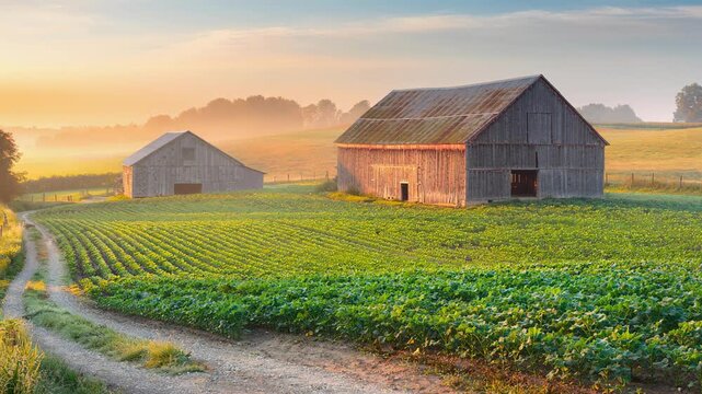 Sunrise over green farm fields with rustic wooden barns and country dirt road in rural landscape