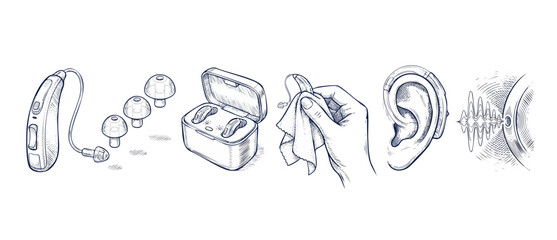 Hearing aid maintenance diagram illustration showing accessories, cleaning process, charging case, and ear placement in hand-drawn sketch style for audiology healthcare and hearing loss support. © Fernando