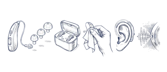 Hearing aid maintenance diagram illustration showing accessories, cleaning process, charging case, and ear placement in hand-drawn sketch style for audiology healthcare and hearing loss support. © Fernando
