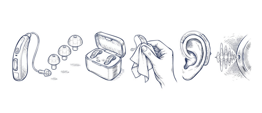 Hearing aid maintenance diagram illustration showing accessories, cleaning process, charging case, and ear placement in hand-drawn sketch style for audiology healthcare and hearing loss support.