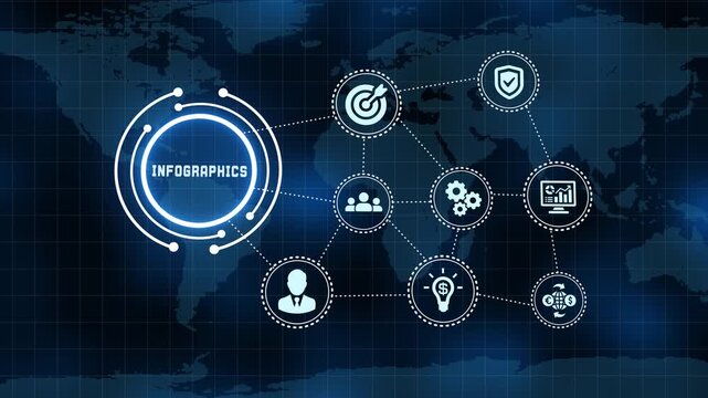 Global business info-graphics template with digital network connection icons and world map background.