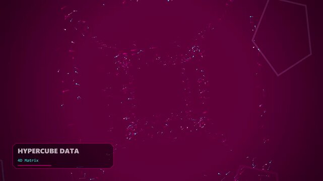 Hypercube data 4D matrix visualization featuring glowing particles and floating geometric shapes in deep magenta space