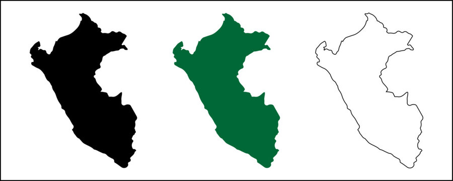 Peru map vector silhouette with black outline and satellite style isolated on white background