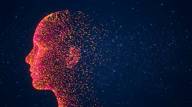 Human profile silhouette dissolving into digital particles with silhouette particles consciousness