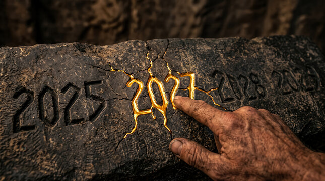 Hand pressing glowing 2027 date on cracked ancient stone surface for futuristic vision concept