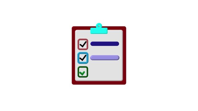 3 d animated clipboard checklist with checkmarks appearing for task management, productivity, and business planning concept 4k video.