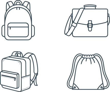 Backpack and Travel Bag Line Icon Set with School Backpack, Messenger Bag, Daypack, Drawstring Sack, and Luggage Accessories Collection