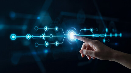 Fototapeta premium Hand touching illuminated digital network node representing technology and connectivity
