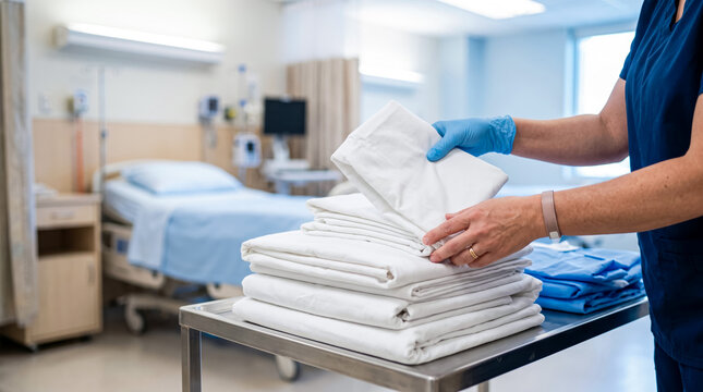 Healthcare professional organizing fresh hospital linens on a cart in a medical facility