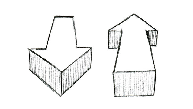 3d Hand Drawn Arrows in perspective pointing forward and backward. Transparent and Isolated with depth and grunge texture