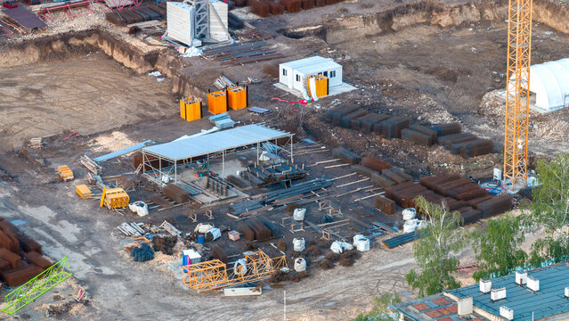 Aerial View of an Active Construction Site and Foundation Excavation