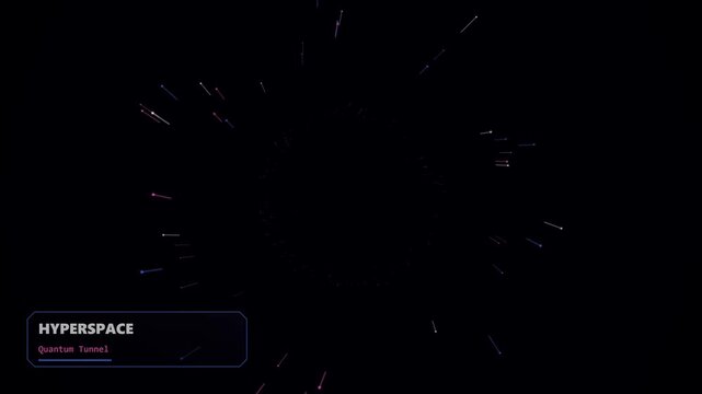 Hyperspace quantum tunnel visual effect featuring glowing particles moving rapidly through deep space light streaks