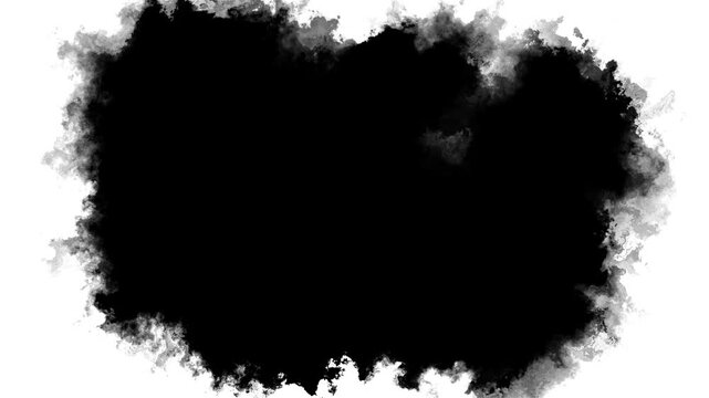 Black ink smoke cloud transition white background gray edges, spreading mist, organic grunge texture. title reveals, logo wipes, horror intros, cinematic overlays, dramatic masks, transition effects.