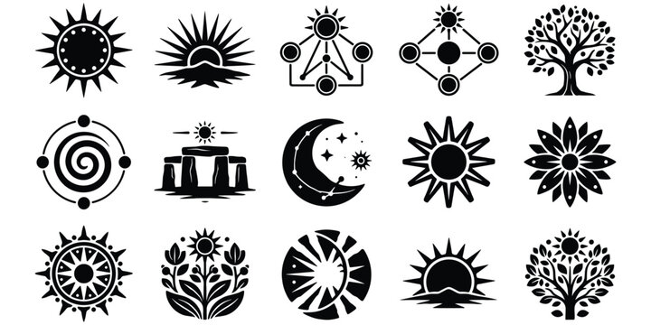 Flat vector illustration of celestial sun moon stars nature icons, sacred geometry patterns, spiritual silhouettes, cosmic abstract design, astronomy inspired art