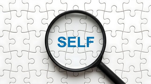 Magnifying glass focusing on self concept word on jigsaw puzzle with magnifying discovery identity