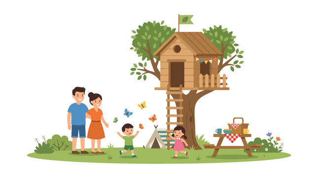 A cheerful vector illustration shows a happy family enjoying a picnic in their backyard, complete with a charming treehouse and flying butterflies.